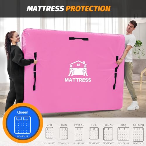 Image of Mattress Bags for Moving, BETU Mattress Protector Waterproof Mattress Cover Queen Size Storage Bags with 8 Heavy-Duty Handles and Zipper for Bed Extra Thick Large Reusable (82 inchx62 inchx15 inch Pink)
