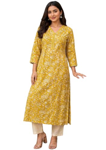 Image of Women's Cotton Floral Printed V-Neck A-Line Kurta /Regular Fit Kurti-3 /4 Sleeve