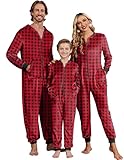 Ekouaer Christmas Onesie Matching Family Fleece Hooded One Piece Zipper Long Sleeve Pajamas with Pockets S-XXL Red Plaid M