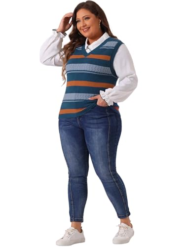 Image of Agnes Orinda Plus Size Sweaters for Women Sleeveless V Neck Striped Knit Casual Pullover Sweater Vests