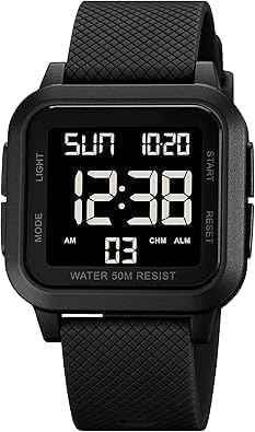 Unisex Digital Watch, Waterproof LED Electronic Wrist Watch for Men and Women, Square Face with Big Numbers, Alarm, Stopwatch, Countdown Timer, Dual Time, 12/24H Format, Black