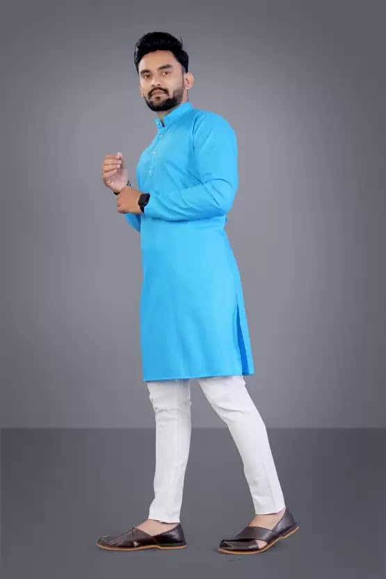 Image of weltpocket Men's Cotton Blend Solid Straight Kurta Pyjama (XX-Large, Sky)