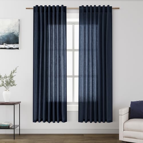 Image of Nanspring Navy Blue Semi Sheer Curtains 72 Inches Long 2 Panels Set for Bedroom Back Tab Rod Pocket Light Filtering Drapes Cotton Linen Textured Indigo Blue Farmhouse Living Room Curtain 52X72