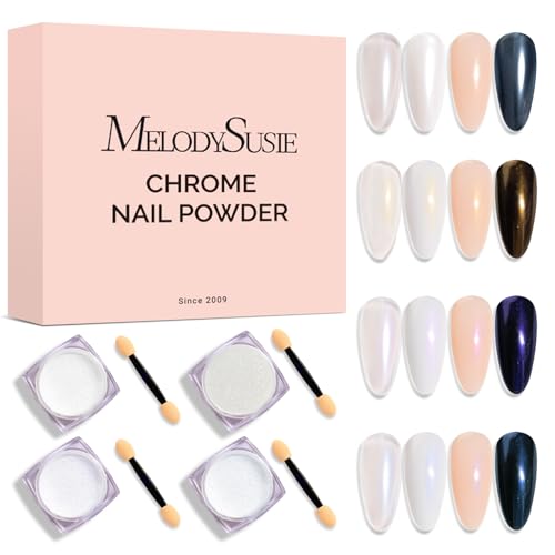 Image of MelodySusie 4Pcs Chrome Nail Powder for Gel Nails, Aurora Fine Glitter Powder Mirror Effect Pigment Pearlescent Mermaid Pigment Pearl Glitter for Home DIY Salon Use