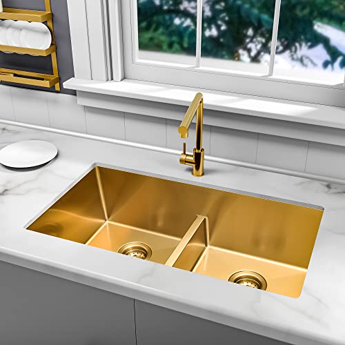 Zeesink 32" X 18" Double Bowl Kitchen Sink,Low-Divide 50/50 Double Sink,Undermount Kitchen Sink Gold,16 Gauge Stainless Steel Kitchen Sink #TOP6