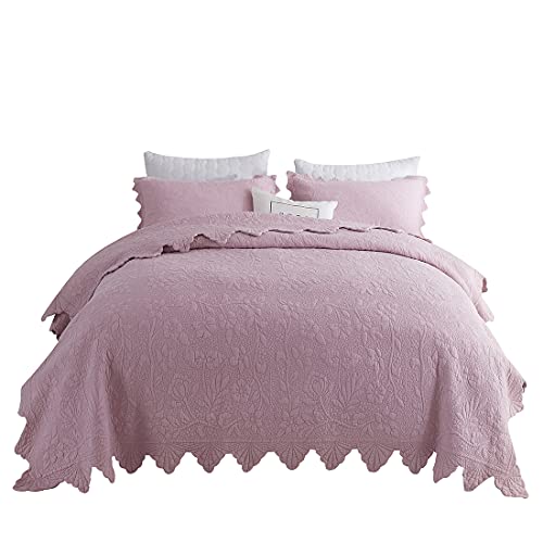 vctops 3-teiliges elegantes Stickerei-Set mit 2 Kissenbezügen, 100 % Baumwolle, gesteppt, Tagesdecke, Übergröße, Queen-Size-Bett, Rosa Cover