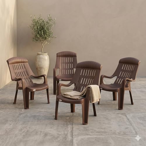 Image of Oaknest Supreme Comfy Relaxing Chair - Ergonomic High-Back Plastic Armchair for Home, Garden, Balcony & Patio | Heavy-Duty, Weather-Resistant & Easy to Clean | Globus Brown | Set of 4