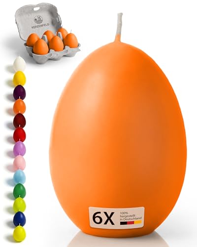 Kerzenfeld® Lot de 6 bougies à œufs oranges - 60 x 45 mm - Décoration de printemps et cadeau de Pâques - Trempées à la main et avec une durée de combustion de 7+ heures - Fabriquées en Allemagne