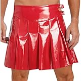 Agoky Herren Wetlook Kilts Schottenrock hohe Taille Lack Leder Falten Plissee Rock mit Schlitz Schnalle Motto Party Cosplay Outfit Nachtclub Bar Kostüm M-3XL Rot M