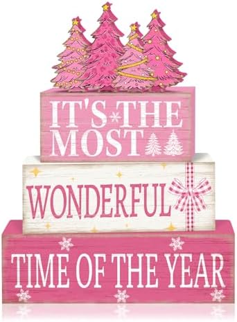 Britimes 4 Pcs Pink Christmas Table Decor Wooden Tiered Tray Sign...