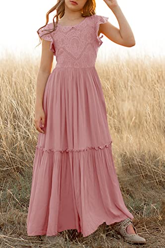 Mitilly Girls Lace Flower Ruffle Sleeve A-Line Swing Wedding Party Long Maxi Dress With Pockets 12 Years Pink #TOP4