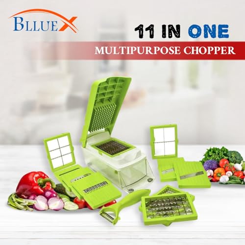 Image of Multipurpose Chopper, Fruits & Vegetable Cutters, Grater Peeler Chipser, Unbreakable Food Grade Body, Easy Push to Clean Button Slicer Dicer, Chopper for Kitchen (Light Green 11 in 1)