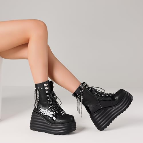 Lyrisiphy Women's Gothic Ankle Boots Black Platform Combat Boots with Punk Chains & Studs Lace Up Wedge Boots for Womens Rave Festivals Halloween 5