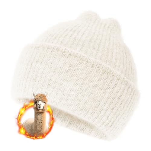 Silk Dream Alpaca Wool Beanie Hats Men Women Winter Hats Warm Beanie Fuzzy Soft Knit Lightweight Gift for Her&Him White