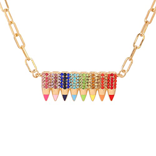 Fuqimanman2020 Colorful Funny Pencil Crystal Pendant Necklace Rhinestone Shining Teacher Professors Students Back To School for Women Rainbow Teacher's Day Gift