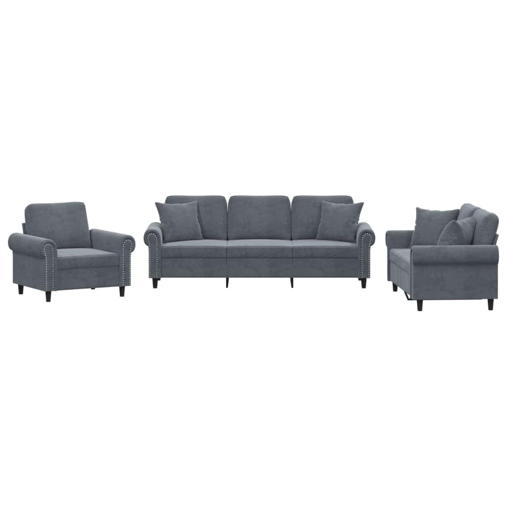 Juego de 3 sofás de terciopelo gris oscuro 92/152/212 cm moderno salón con estructura de metal contrachapado de madera contrachapada, sillón reclinable de 2 plazas, 3 plazas, mini sofá para