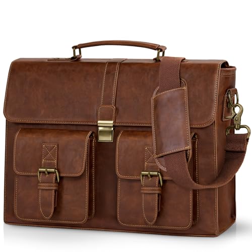 Image of RAINSMORE Mens Messenger Bag 18 Inch Leather Vintage Laptop Briefcase Waterproof Computer Laptop Bag Leather Satchel Bag Large Shoulder Bag for Office Work Travel College, Brown