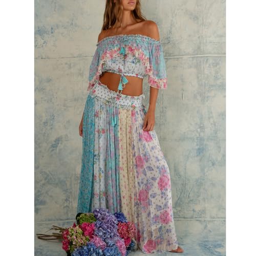 Meiweileya Women Y2k Boho Floral Two Piece Maxi Skirt Set Summer Off Shoulder Crop Tops Ruffle Flowy Going Out Long Skirts2