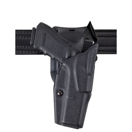 Safariland 6390 ALS Mid-Ride Holster with a pistol inserted, attached to a duty belt.