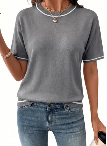 Image of SHEWIN Womens Tops Trendy Short Sleeve Shirts Crewneck Lightweight Knit Sweater Top Business Casual Outfits