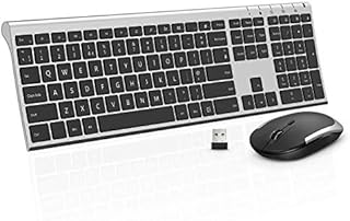 Wireless Rechargeable Keyboard and Mouse Set Ultra Slim Full Size UK Layout QUERTY for Computer Laptop PC Desktop, Black and Silver