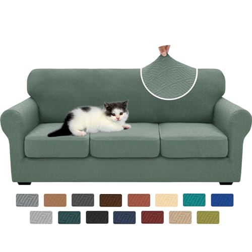 XINEAGE New 4 Pieces Couch Covers for 3 Cushion Couch Super Stretch Thick Soft Sofa Cover Anti Slip Sofa Slipcover Dogs Cats Furniture Protector (Pea Green, 71"-91")
