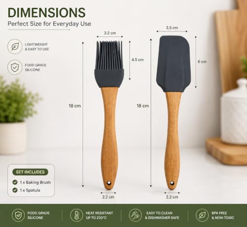 Image of Clazkit Silicone Oil Brush for Cooking & Non-Stick Silicone Spatula Baking & Mixing - with Wooden Handle, Non-Stick Cookware Heat Resistant Kitchen Utensil Tools|Black