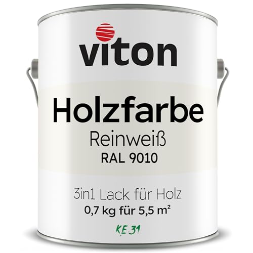Viton Holzfarbe in Weiss - 0,7 Kg Holzlack Seidenmatt - Wetterschutzfarbe für Außen - 3in1 Grundierung & Deckfarbe - Profi-Holzschutzlack - KE31 - RAL 9010 Reinweiss