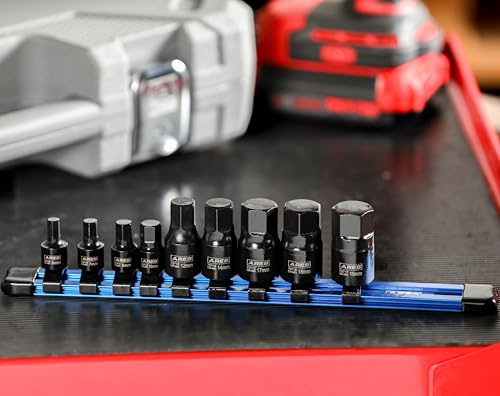 Image of ARES 70497 9-Pc Metric Impact Hex Socket Set, Chrome Moly, Rail