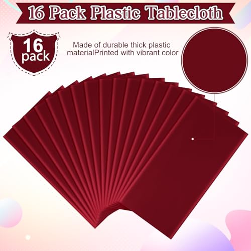 Image of 16 Pack Maroon Plastic Tablecloth for Rectangle Tables, Premium Decorative Burgundy Disposable Table Cloths for Parties, Rectangle Party Table Cover for Birthday Anniversary Graduation, 54x108 Inch