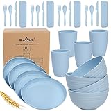Wheat Straw Dinnerware Sets for 4, Wheat Straw Plates and Bowls Sets Kitchen Dishes 28pcs College Dorm Room Essentials Cutlery Set Microwave Safe (Blue)