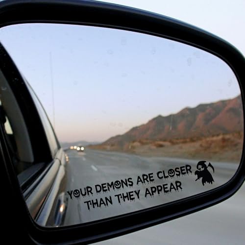 Funny Halloween Vanity Mirror Stickers - 2 pcs Rear View Mirror Sticker Car Decorations Goth Car Accessories (Your Demons Black)