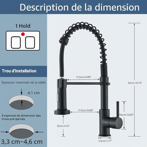 Robinet de cuisine noir haute pression mélangeur évier 2 becs