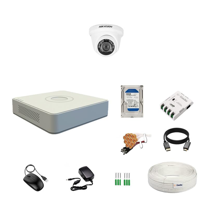 Clocite HIKVISION 4 Channel DVR with 2MP 1 Dome Cameras (Day/Night Vision) + 500GB HDD + Cable Roll (1+3) 4 CH Power Supply + BNC & DC Full Combo Kit