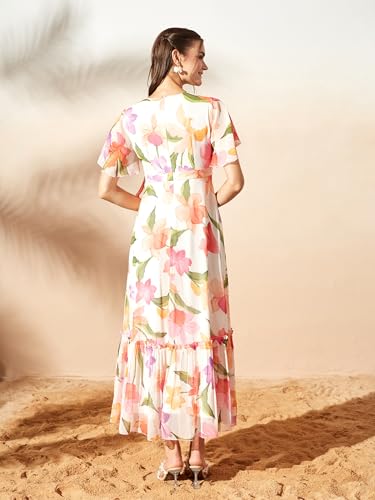 Image of Miss Chase Women's Floral V-Neck Flutter Sleeve Wrap Chiffon Maxi Dress