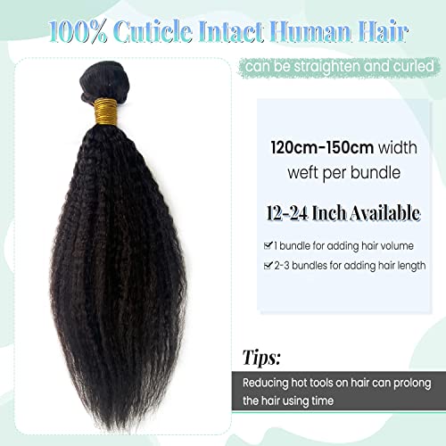Image of Kinky Straight Hair Bundle 120G 24 Inch Sew in Hair Extensions Real Human Hair Wefts, Kinky Straight Natural Black Hand Tied Wefts Hair Extensions Human Hair Weave Weft Extensions