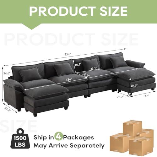 Image of Oprisen 154 inch Modular Sectional Sofa, Comfy Cloud Couch Sectional Sofa with Ottoman, Velvet Sofa Sleeper Deep Seat Sofa with Throw Pillows for Living Room (Blue Gray, 154 inch- U Shape)