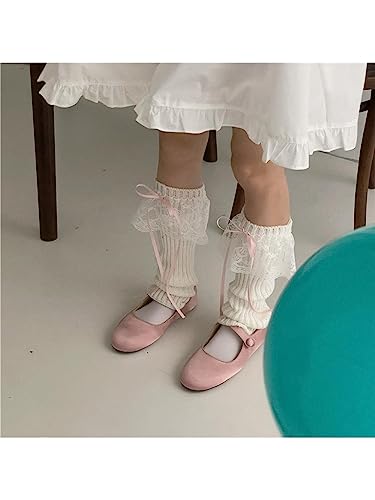OYOANGLE Women's 1 Pair Lace Trim Bow Rib Knit Leg Warmers Y2K Kawaii Long Socks for 80s Party Dance4