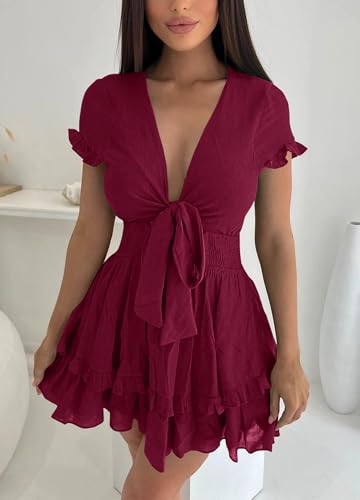 PRETTYGARDEN Women Summer Mini Short Dress 2025 Short Sleeve Casual Beach Vacation Sundress V Neck Tiered Sun Dresses
