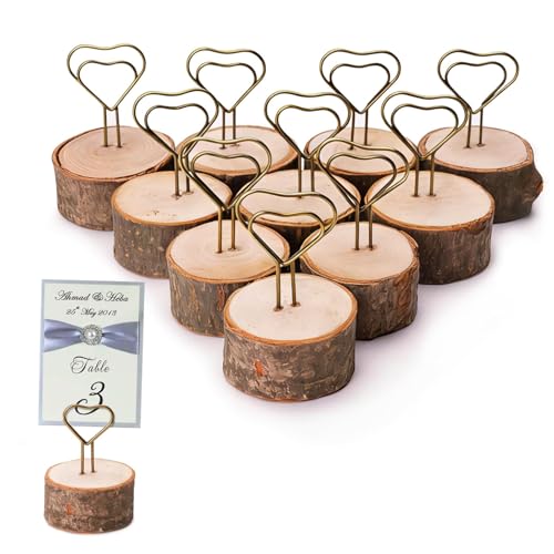 Tischkartenhalter, rustikale Holztischnummernhalter Tischschildständer für Memo Photo Decorative Clip(Herz) (10pcs)