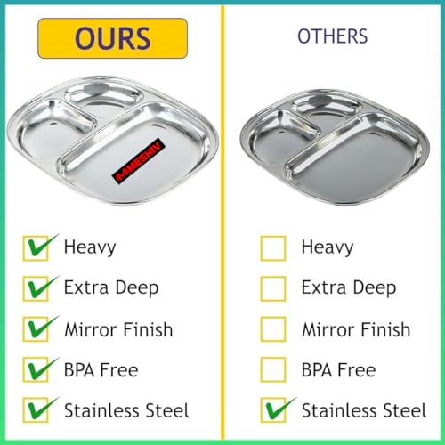 Image of Stainless Steel Plate with 3 Compartments for Lunch, Dinner Plates Set of 4 (Big)