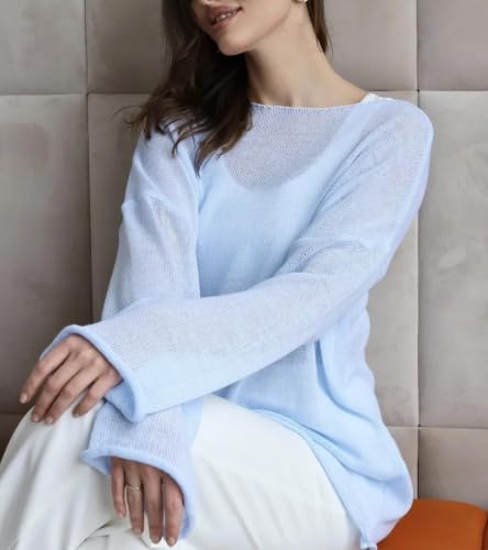 Image of Sweters for Women, Womens Sweater, O-Neck Solid Color See Through Pullover Jumper Shirt Beach