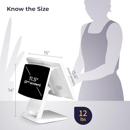 Volcora Retail and Restaurant POS Terminal Machine for Small Business, Point of Sale Cash Register with Windows 11 Professional, 15.6” & 11.6\" Dual Touch Screen, White, Hardware Only