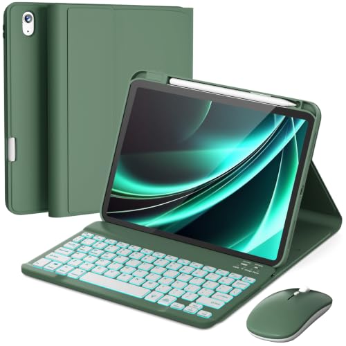 Image of RAYMCRAFT for iPad 11th (A16, 2025) / 10th Generation Case with Keyboard, Mouse and Detachable Wireless Keyboard, 7-Color Backlight, Slim Case with Pencil Holder, Olive Drab