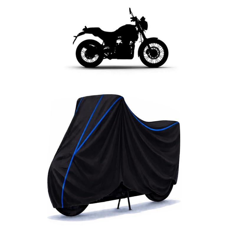 Image of Scrambler 450 Bike Cover Water Resistant Universal Motorcycle Rain | Heavy Duty UV Protection, Dust, Scratch Indoor Outdoor All Weather with Black Blue Piping Elastic