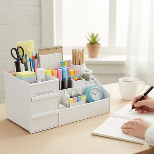 Image of ROKTRY Multi-Functional Desk Organizer with Drawers|Large Capacity All-in-One Stationary Storage Box for Office, School & Home|Aesthetic Pen Stand, Notebook Holder&Accessories for Study Table (White)