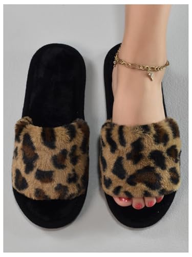 WDIRARA Women's Leopard Print Fuzzy Slippers Comfy Bedroom House Slippers2
