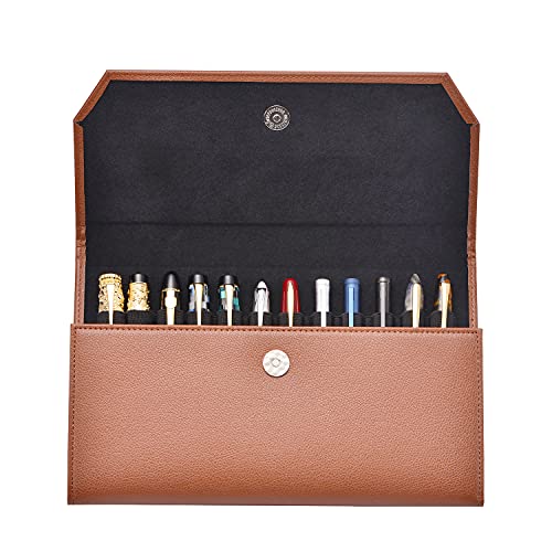 12 Brown Fountain Pen Case PU Leather Organizer Bag Portfolio, Waterproof Canvas Pen Display Holder with Divider Slot