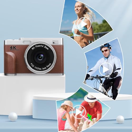 Fockety Fotocamera Digitale 4K, Autofocus da 48 MP 16x Zoom da 2,8 Pollici Screen Telecamera Viaggio Compatta con Scheda, Fotografie Video Vlogging Principianti (BROWN)