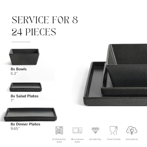 Image of Stone Lain Grace 24-Piece Dinnerware Set Stoneware, Plates and Bowls Set, Dishwasher and Microwave Safe, Dish Set for 8, Charcoal